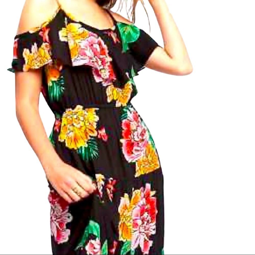 NWT Old Navy Floral Cold Shoulder Midi Dress Small Black Off Shoulder Tiered